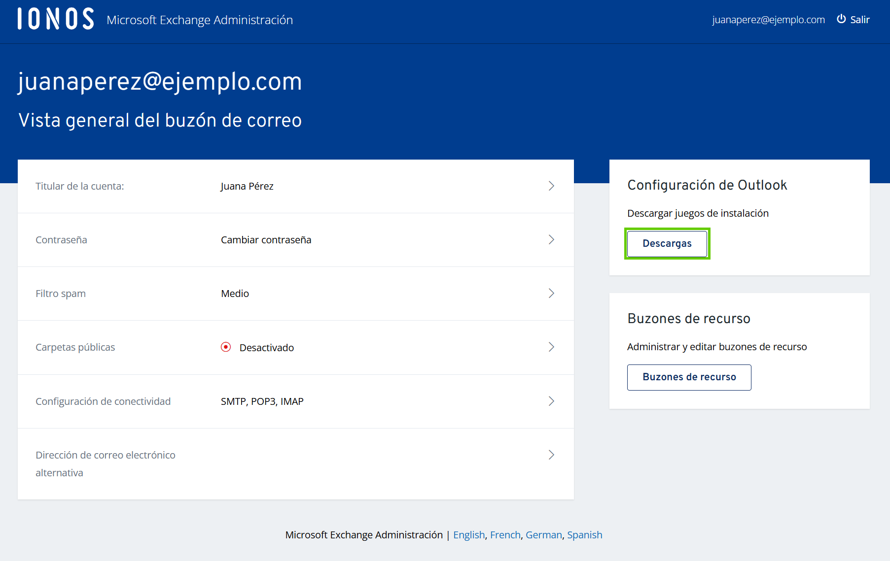 Captura de pantalla: vista general del correo en la que se resalta el botón de descargas 