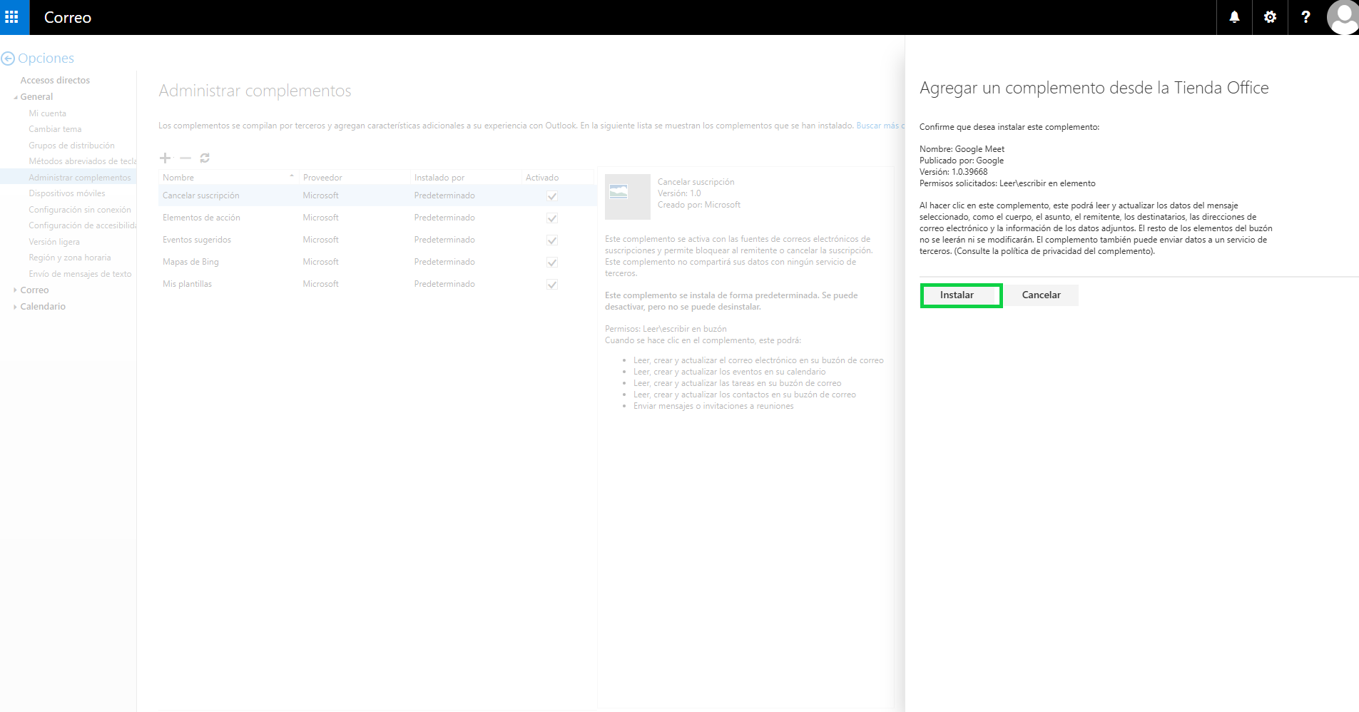 Captura de pantalla: se muestra la aplicación web de Outlook. Dentro de la aplicación, se muestra la ventana «Agregar complemento desde la Tienda Office». En esta ventana se destaca el botón «Instalar»