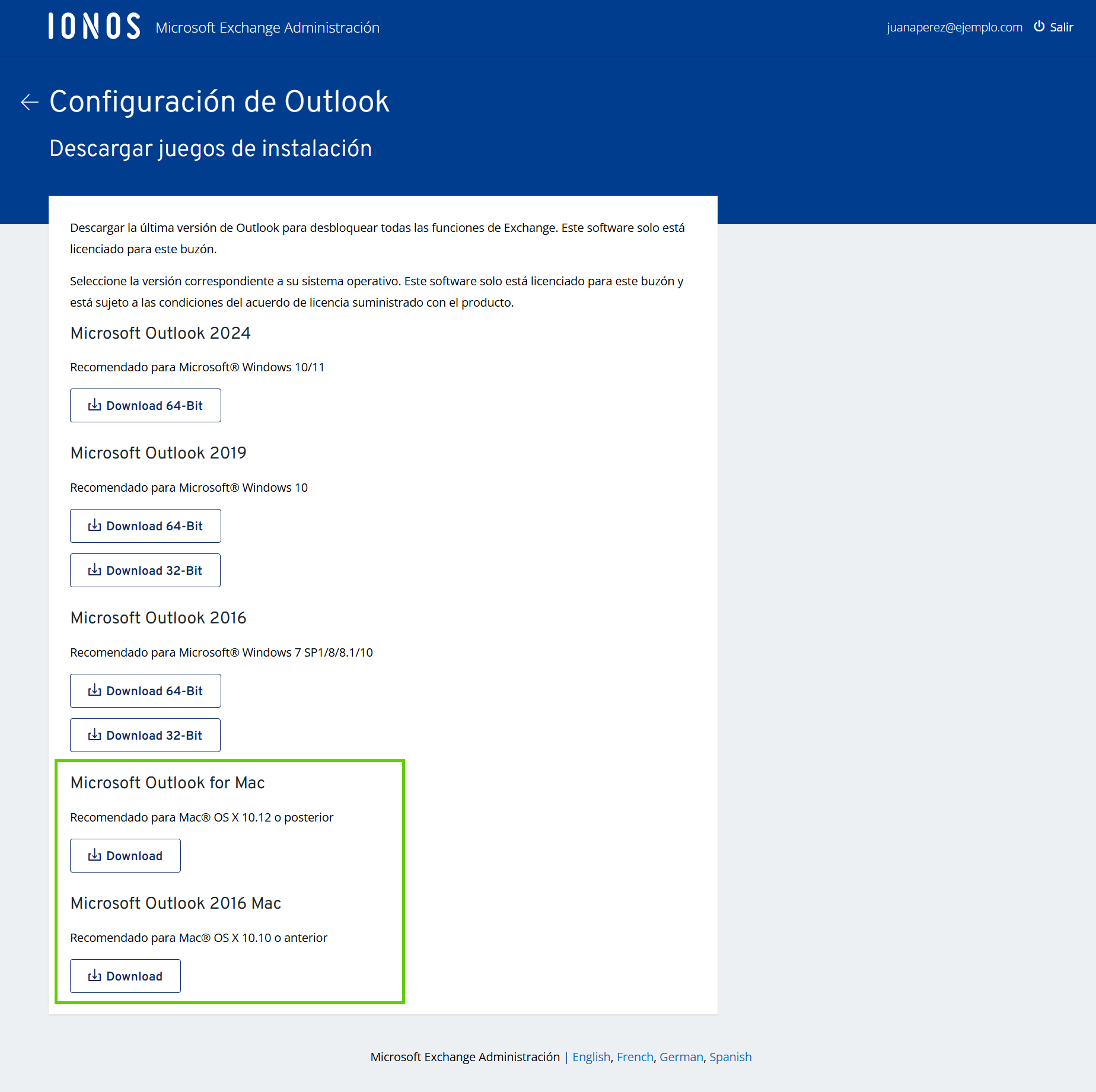 Captura de pantalla: página para descargar Outlook con las versiones para Mac resaltadas