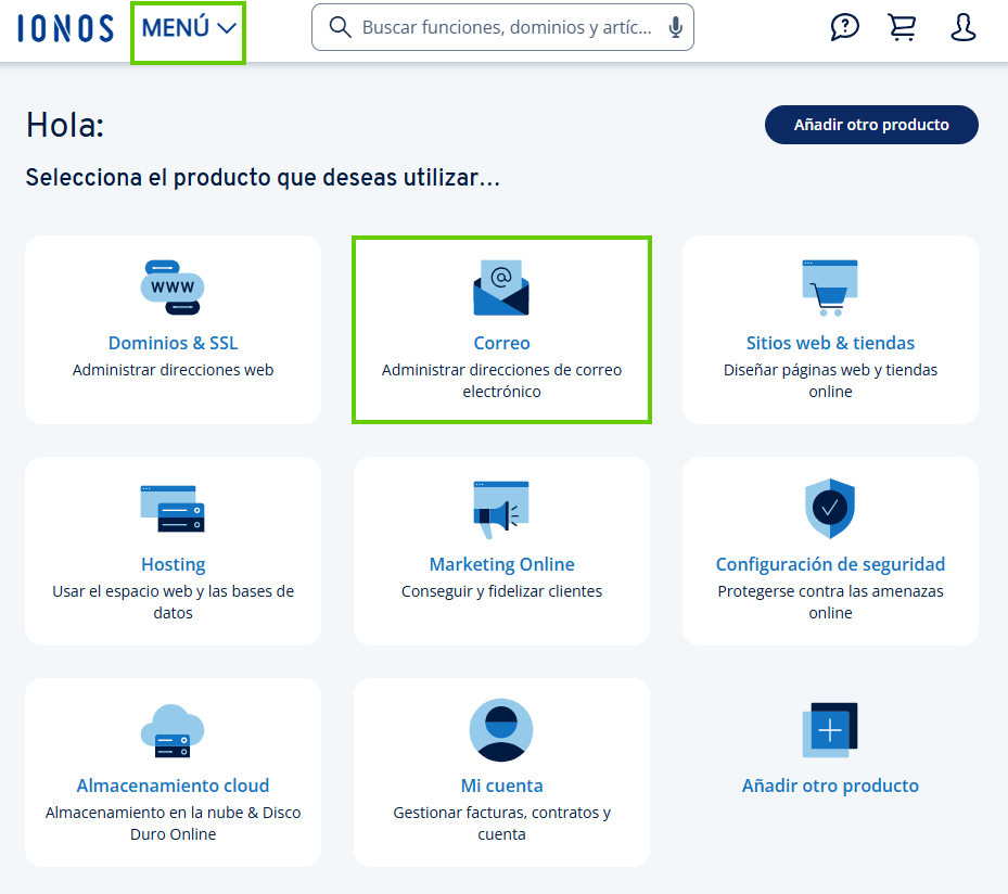 Captura de pantalla: se muestra la página principal y se resaltan los pasos para acceso a la sección de correo