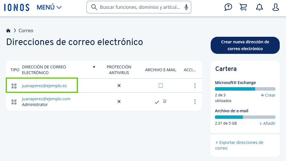 Captura de pantalla: se muestra la página con las direcciones de correo electrónico disponibles. Aparece resaltada la dirección a cambiar. 