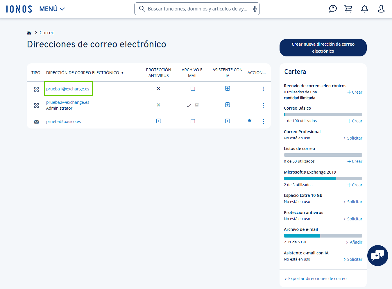 Captura de pantalla: se muestra la sección con las direcciones de correo electrónico para el contrato seleccionado y se resalta la dirección deseada