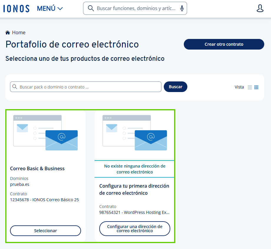 Captura de pantalla: en la página portfolio de correos electrónicos se señalan las opciones de productos disponibles