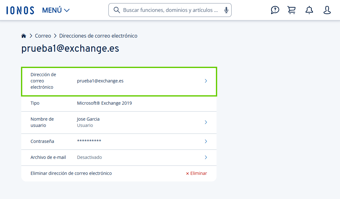 Captura de pantalla: se muestran los detalles de la dirección de correo electrónico seleccionada