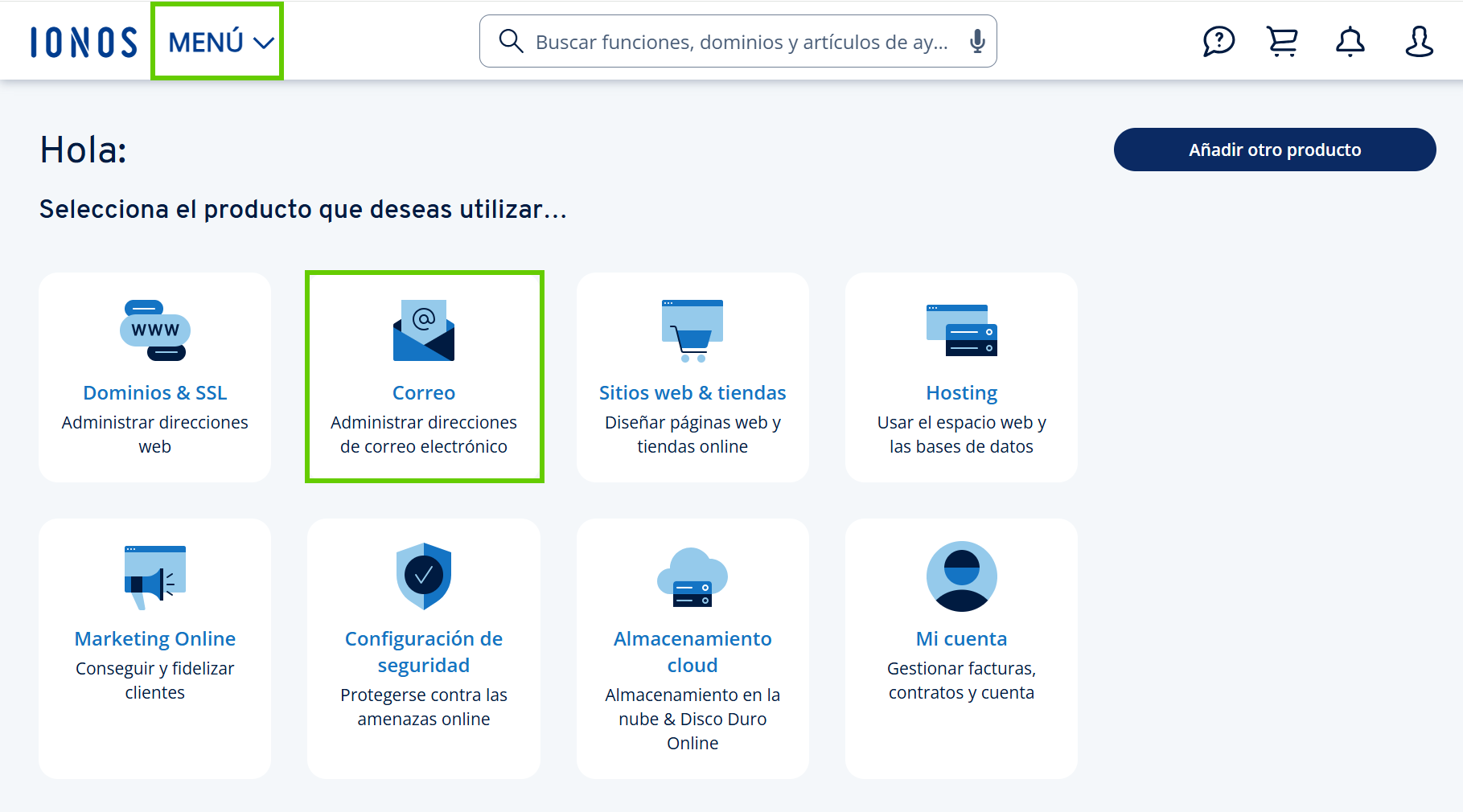 Captura de pantalla: menú que se abre a través de la navegación principal. En la captura de pantalla se muestra el botón de acceso a la sección del correo electrónico