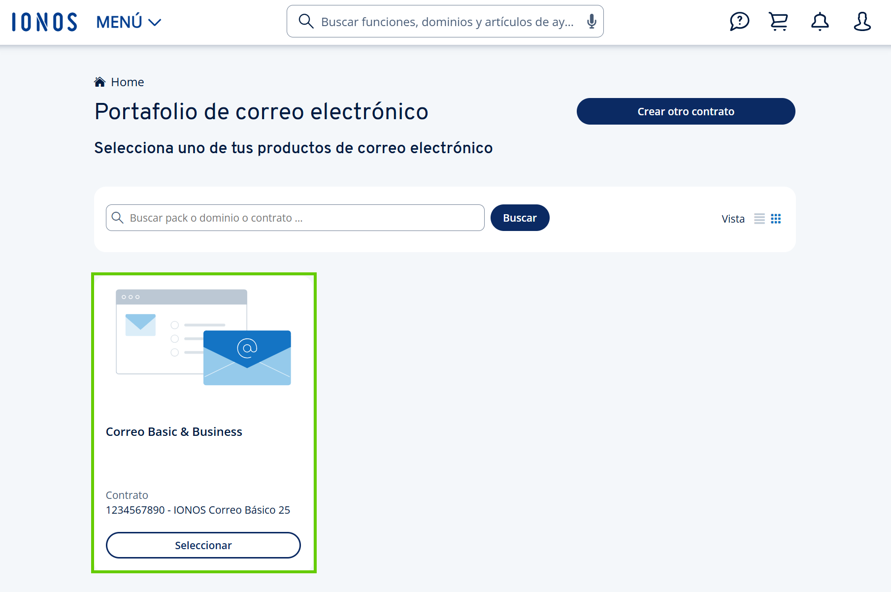 Captura de pantalla: sección de correo electrónico en la cuenta IONOS. En esta sección, se resalta el mosaico con el contrato disponible. En el mosaico aparece el botón para seleccionar el contrato