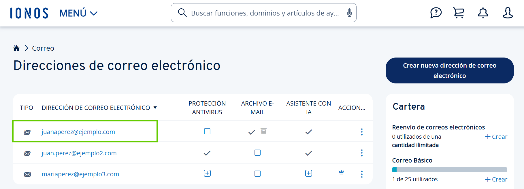 Captura de pantalla: se muestra la vista general del correo electrónico en la cuenta IONOS. En esta sección, se resalta una de las direcciones de correo electrónico creadas