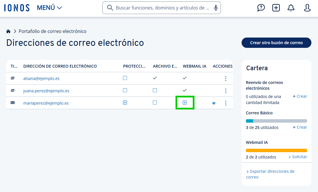 Captura de pantalla: signo+ para añadir Webmail IA
