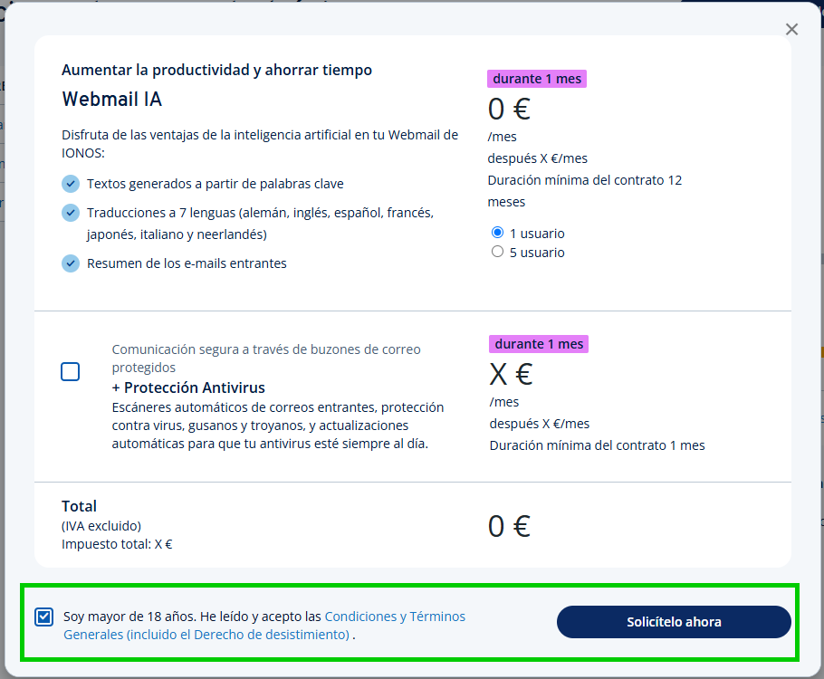 Captura de pantalla: opción para confirmar las Condiciones y Términos Generales y para obtener la función