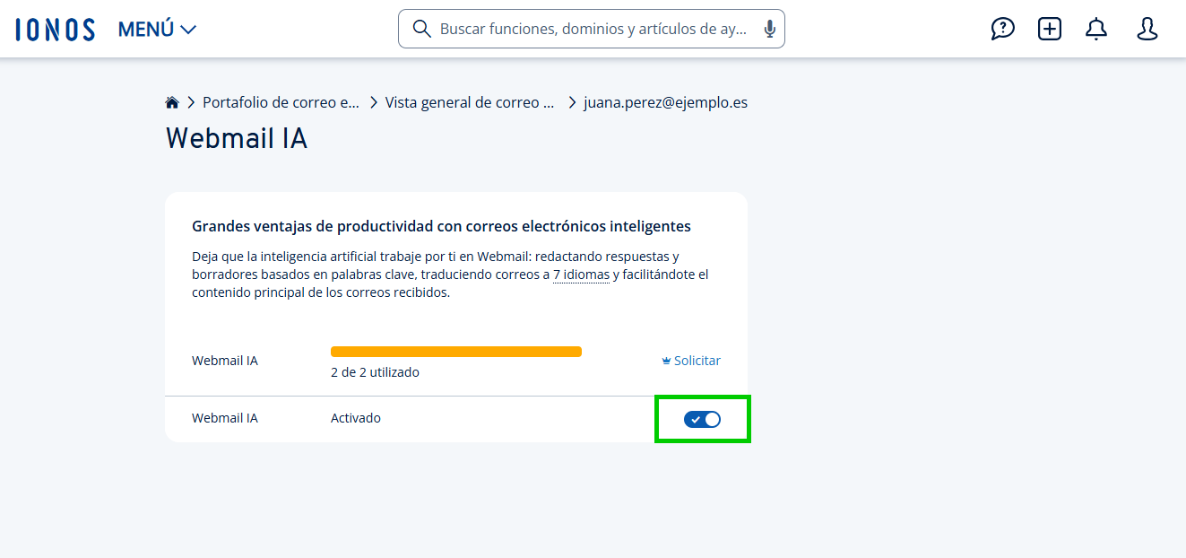 Captura de pantalla: función de Webmail IA activada