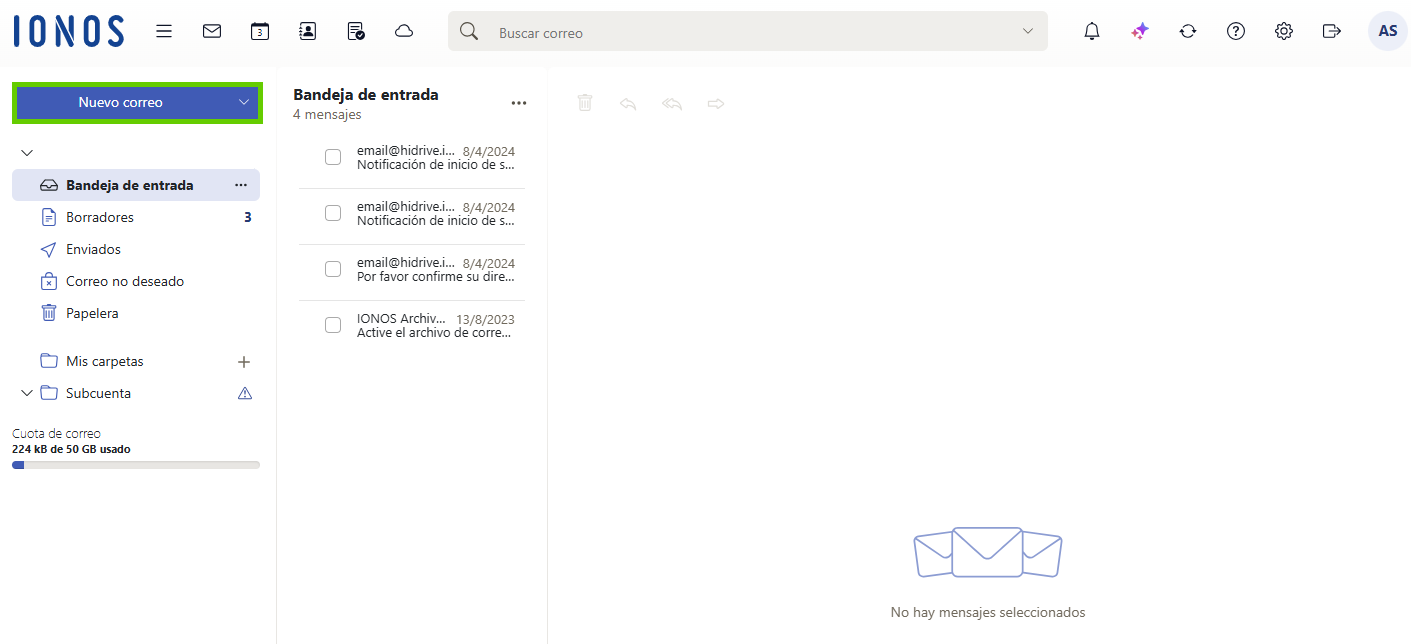 Captura de pantalla: en la barra de navegación izquierda de Webmail, se destaca el botón «Nuevo correo»
