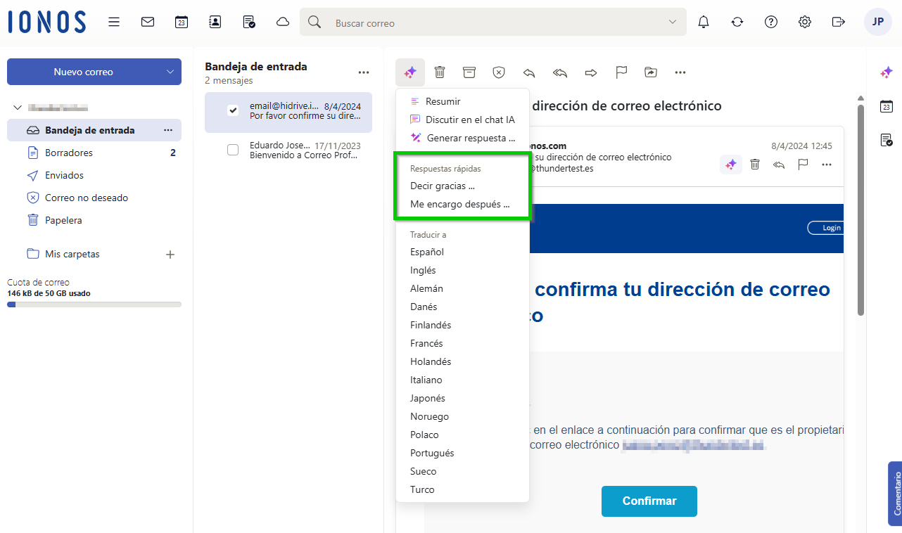Captura de pantalla: en el menú de IA de Webmail se muestra una lista de acciones. En este menú se resalta la sección de respuestas rápidas con las acciones para dar las gracias y encargarse más tarde
