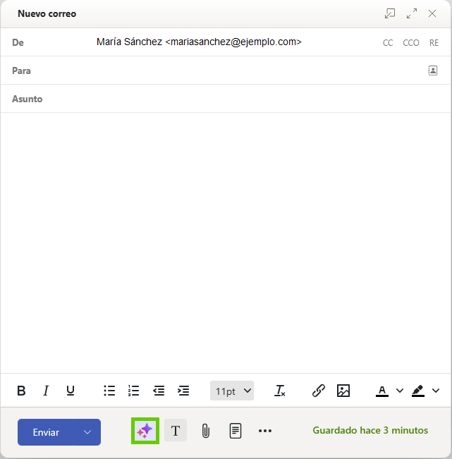 Captura de pantalla: se muestra la ventana del nuevo correo electrónico. En esta ventana, aparece destacado el símbolo con tres estrellas (integración de IA)
