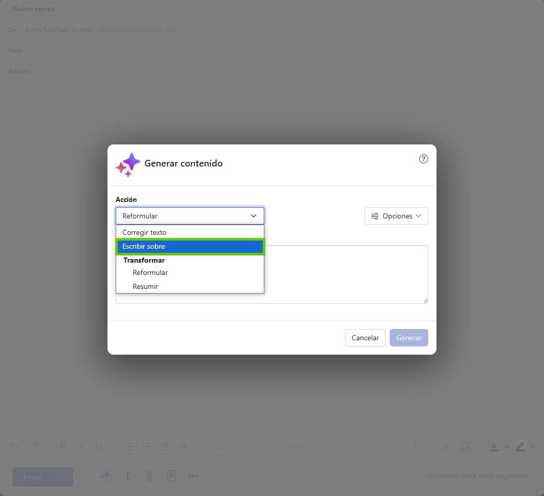 Captura de pantalla: se muestra la ventana «Generar contenido». En esta ventana, se destaca el menú desplegable «Acción».