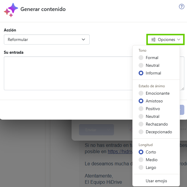 Captura de pantalla: se muestra la ventana «Generar contenido». En esta ventana, se destaca el menú desplegable «Opciones».