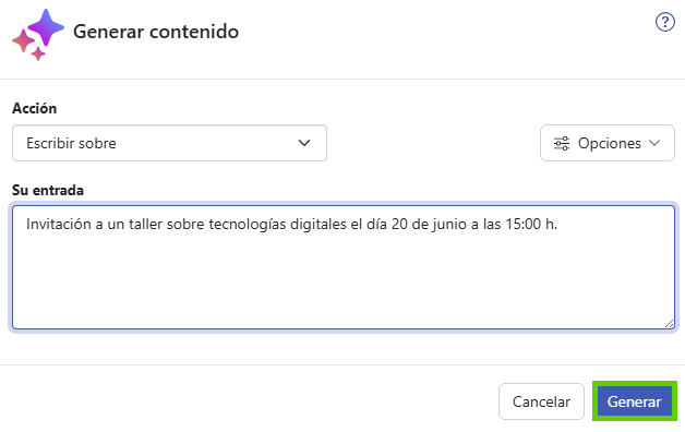 Captura de pantalla: se muestra la ventana «Generar contenido». En esta ventana, se destaca el botón «Generar».