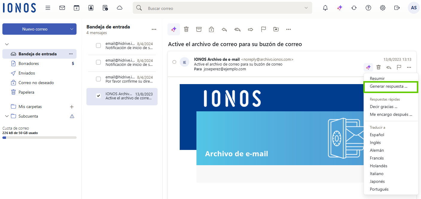 Captura de pantalla: en un correo recibido en Webmail, se muestran las opciones del menú desplegable al seleccionar el símbolo con las tres estrellas (integración de IA). Se destaca la opción «Generar respuesta»