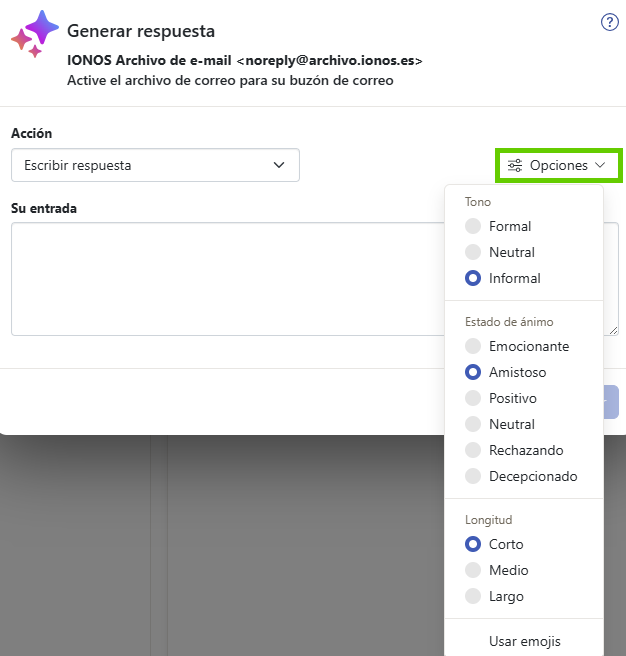Captura de pantalla: en la ventana «Generar respuesta», se muestran las opciones del menú desplegable al seleccionar el símbolo con las tres estrellas (integración de IA). Se destaca el menú desplegable «Opciones»