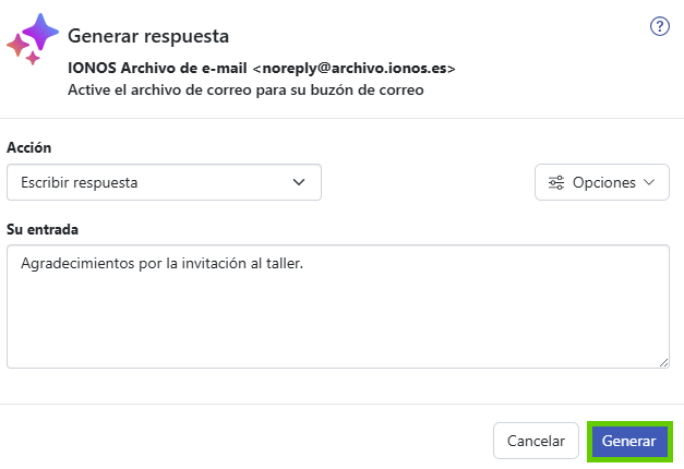 Captura de pantalla: se muestra la ventana «Generar respuesta». En esta ventana, se destaca la acción «Generar»