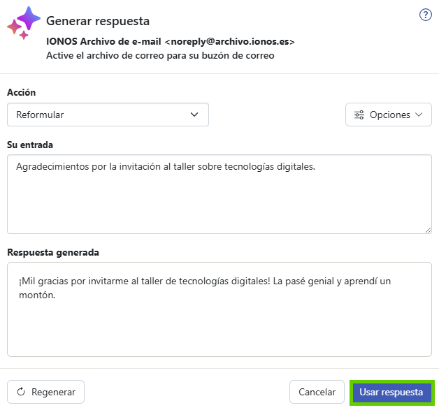 Captura de pantalla: se muestra la ventana «Generar respuesta». En esta ventana, se destaca la acción «Usar respuesta».