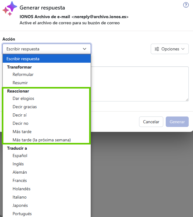 Captura de pantalla: se muestra la ventana «Generar respuesta». En esta ventana, se destaca la lista «Reaccionar»