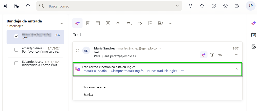 Captura de pantalla: el correo de IONOS detecta un mensaje en inglés y muestra una barra de traducción. En esta barra puedes definir si este correo electrónico o todos los correos electrónicos en inglés futuros se traducen al español. 