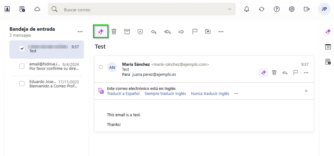 Captura de pantalla: en la barra de navegación se resalta el icono de estrellas. A través de este botón tienes acceso a las acciones de IA.