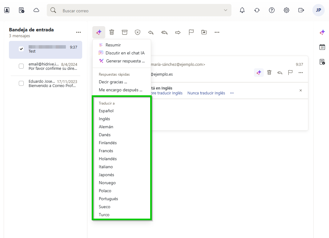 Captura de pantalla: en el menú de IA de Webmail se muestra una lista con acciones. En este menú se resalta la sección  para traducir a los idiomas disponibles