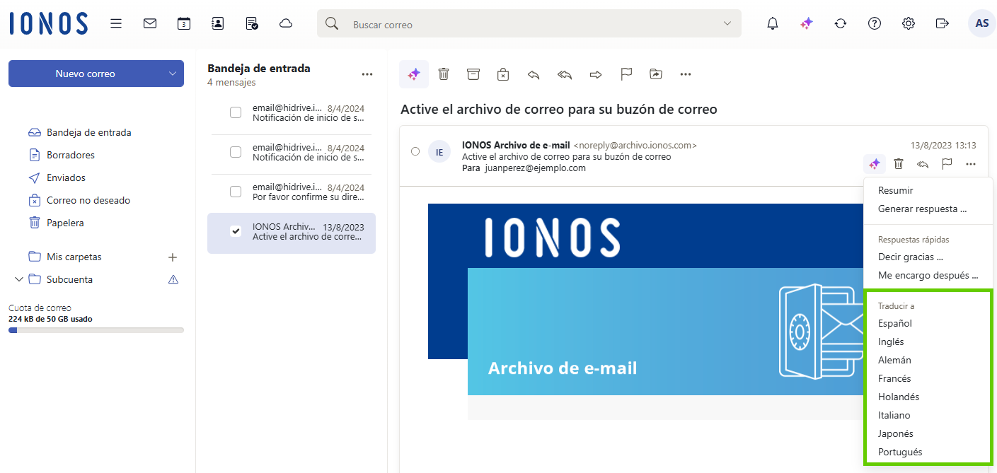 Captura de pantalla: en la barra de herramientas del correo electrónico, se muestra una lista bajo el botón de las tres estrellas que indica la integración de la IA. En la lista, se destaca la opción «Traducir a»