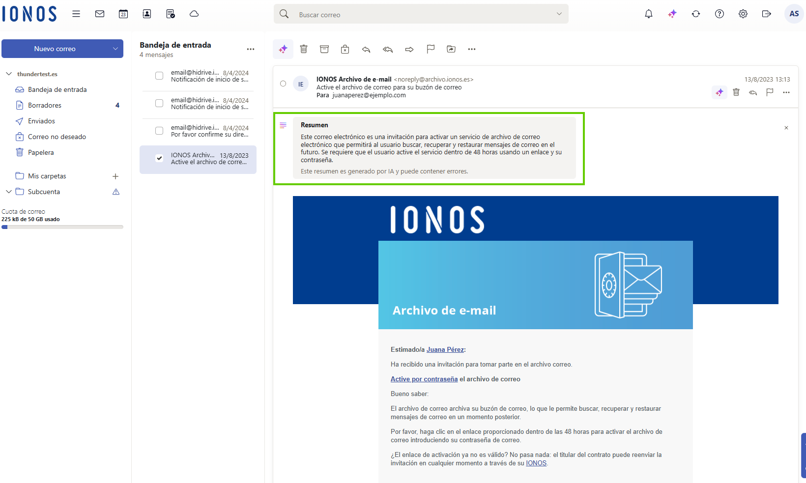 Captura de pantalla: se muestra un resumen encima del correo original recibido en la bandeja de entrada
