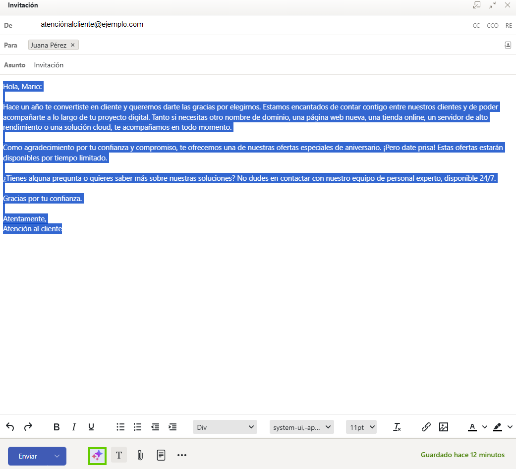 Captura de pantalla: se muestra un correo electrónico. Aparece resaltado el texto que se desea resumir