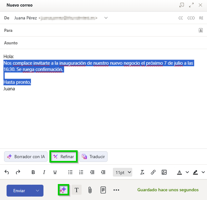 Captura de pantalla: se muestra un nuevo correo electrónico. En el nuevo correo electrónico, el botón de borrador con IA aparece resaltado