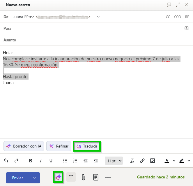 Captura de pantalla: se muestra un nuevo correo electrónico. En el nuevo correo electrónico, el botón para traducir aparece resaltado