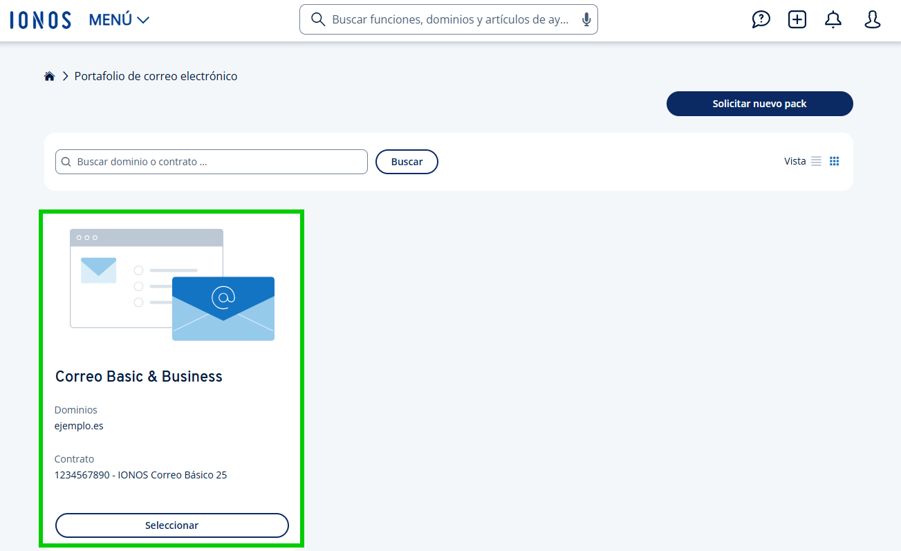 Captura de pantalla: vista general para seleccionar un contrato