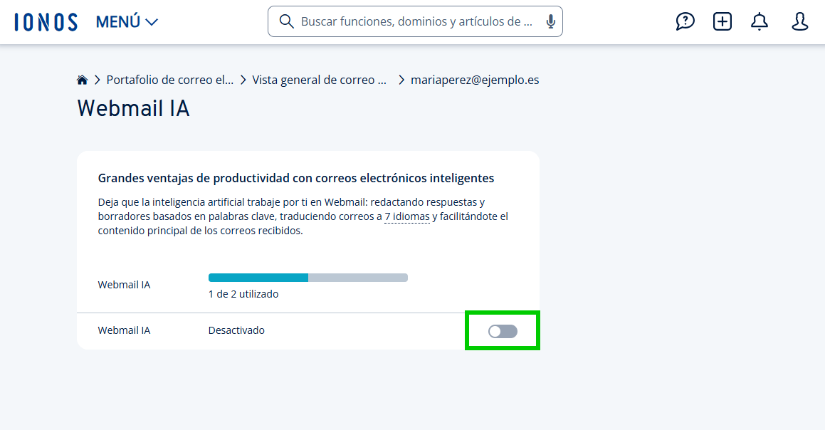 Captura de pantalla: función Webmail IA desactivada