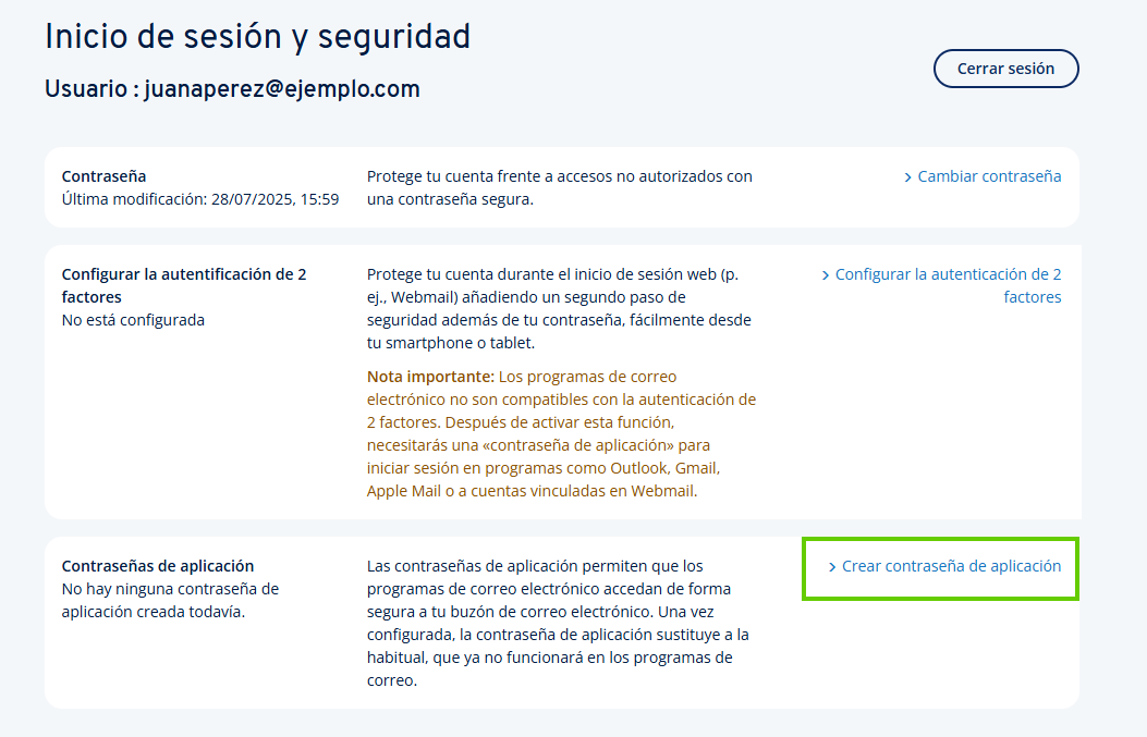 Captura de pantalla: se muestra la página de inicio de sesión y seguridad. Se resalta el enlace para crear una contraseña de aplicación en esta página.