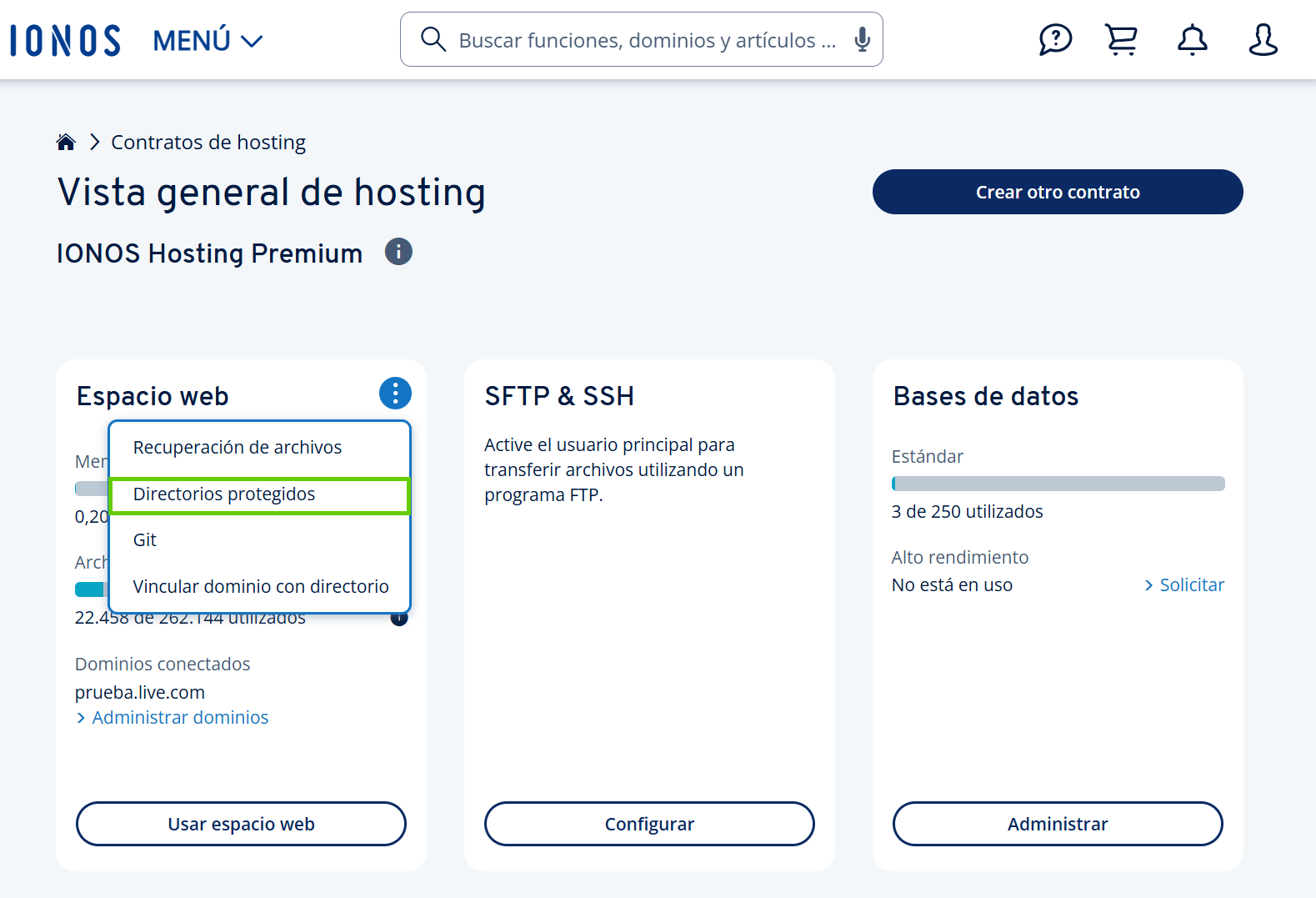 Captura de pantalla: vista general de Hosting en la cuenta IONOS. El menú desplegable de la configuración del espacio web está abierto y la opción de Directorios protegidos aparece resaltada