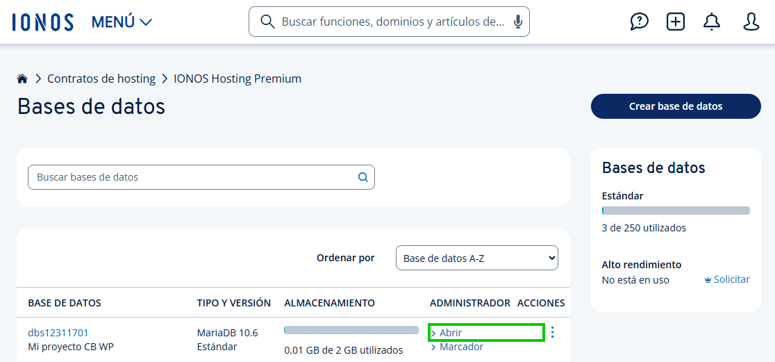  Captura de pantalla: enlace para acceder a phpMyAdmin desde la sección de base de datos de la cuenta IONOS