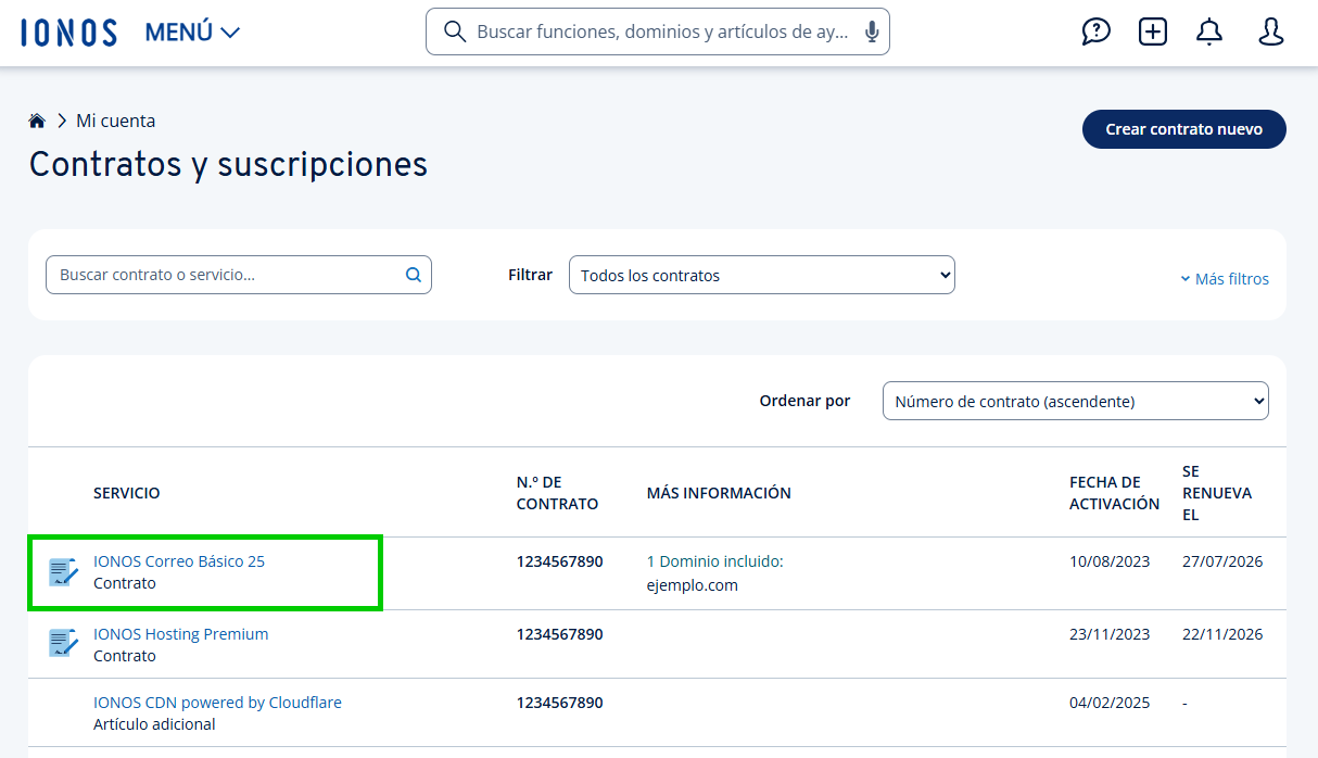 Captura de pantalla: contrato seleccionado en la vista de contratos y suscripciones de la cuenta IONOS