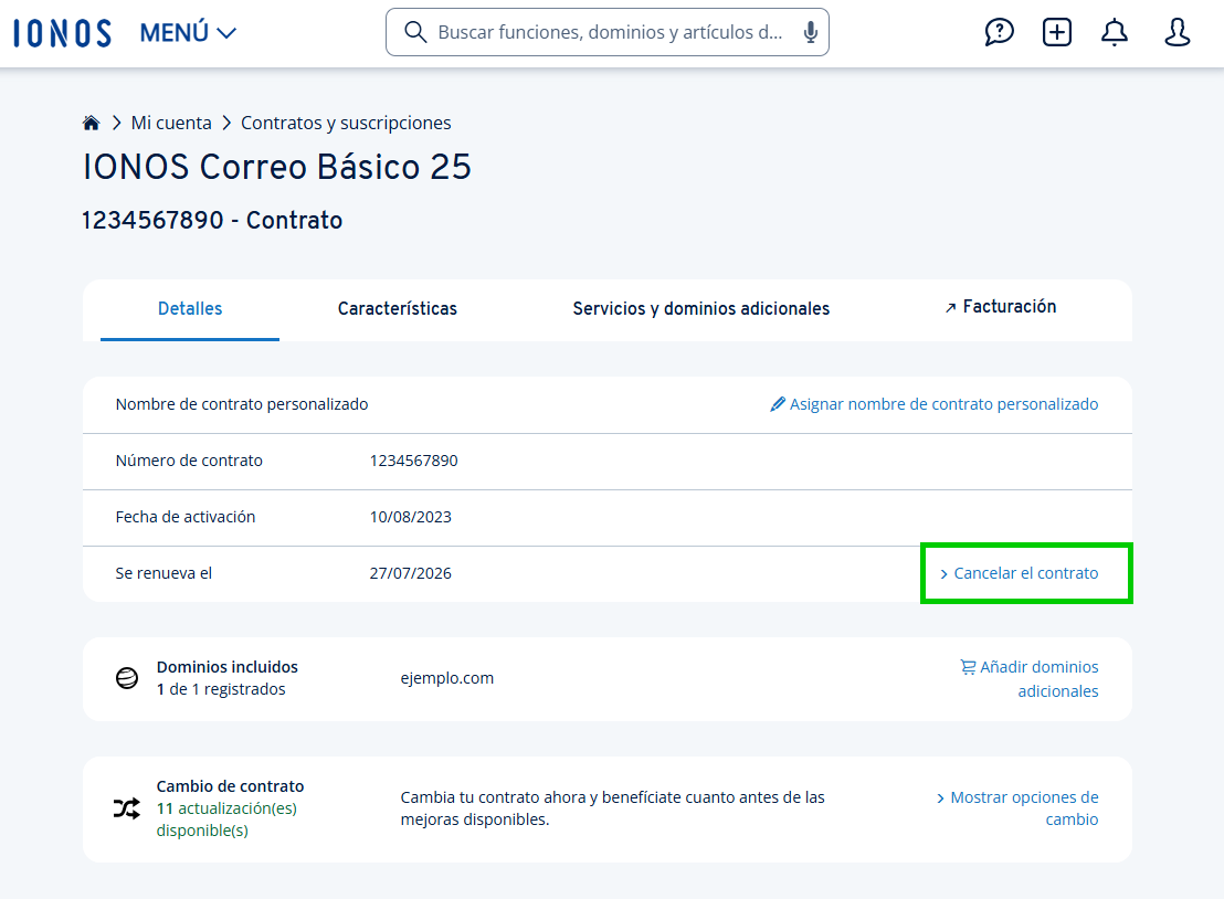 Captura de pantalla: enlace para cancelar contrato en la vista detallada de un contrato individual