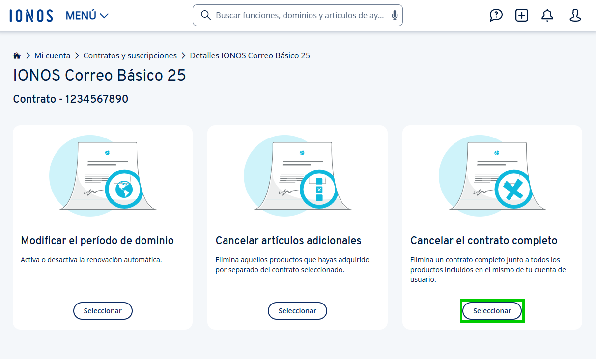 Captura de pantalla: botón para cancelar un contrato completo en las opciones de cancelación del contrato
