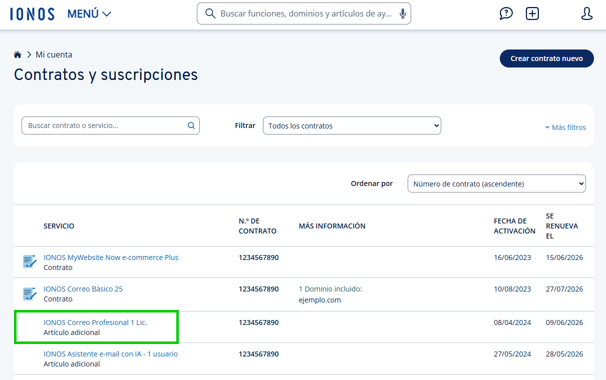 Captura de pantalla: artículo adicional seleccionado en la vista de contratos y suscripciones de la cuenta IONOS