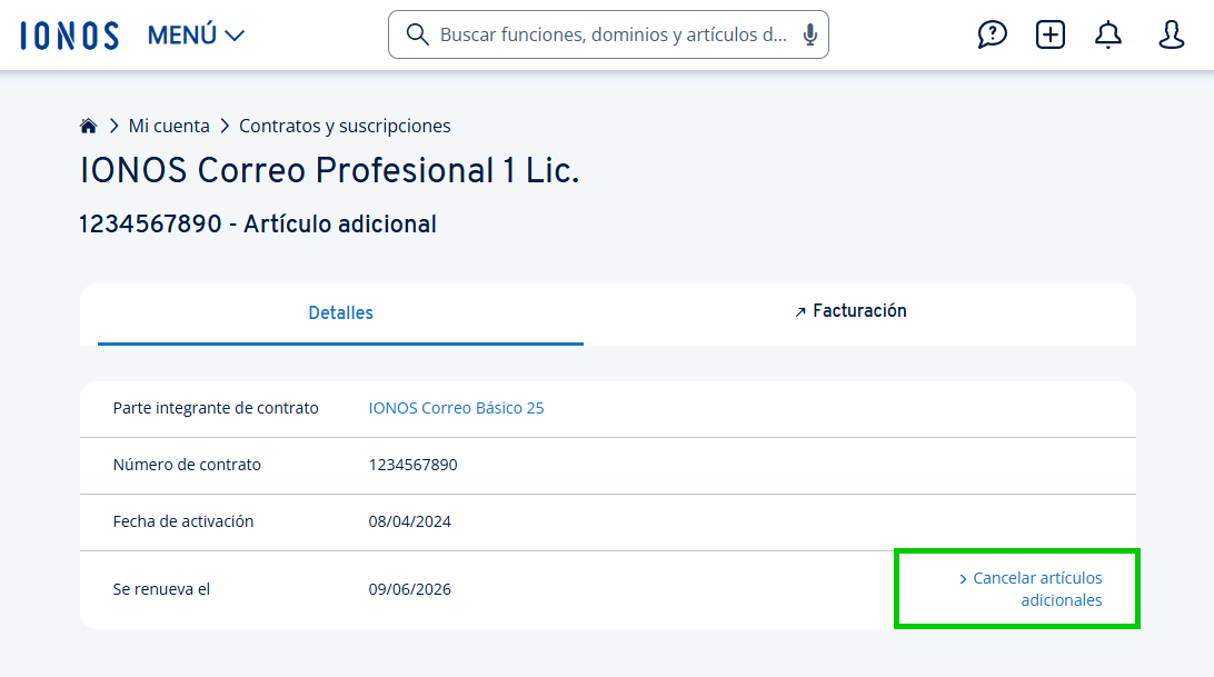 Captura de pantalla: botón para cancelar un artículo adional en las opciones de cancelación