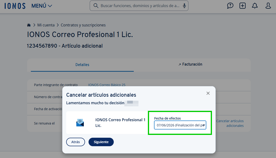 Captura de pantalla: selección de la fecha de efectos en la ventana de cancelación