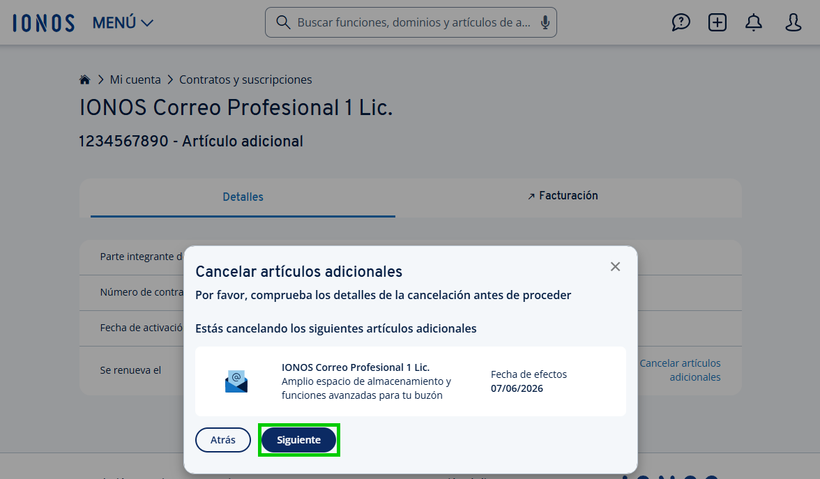 Captura de pantalla: ventana con el resumen preliminar de la cancelación