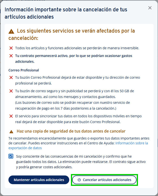 Captura de pantalla: botón de confirmación en la ventana de información sobre la cancelación