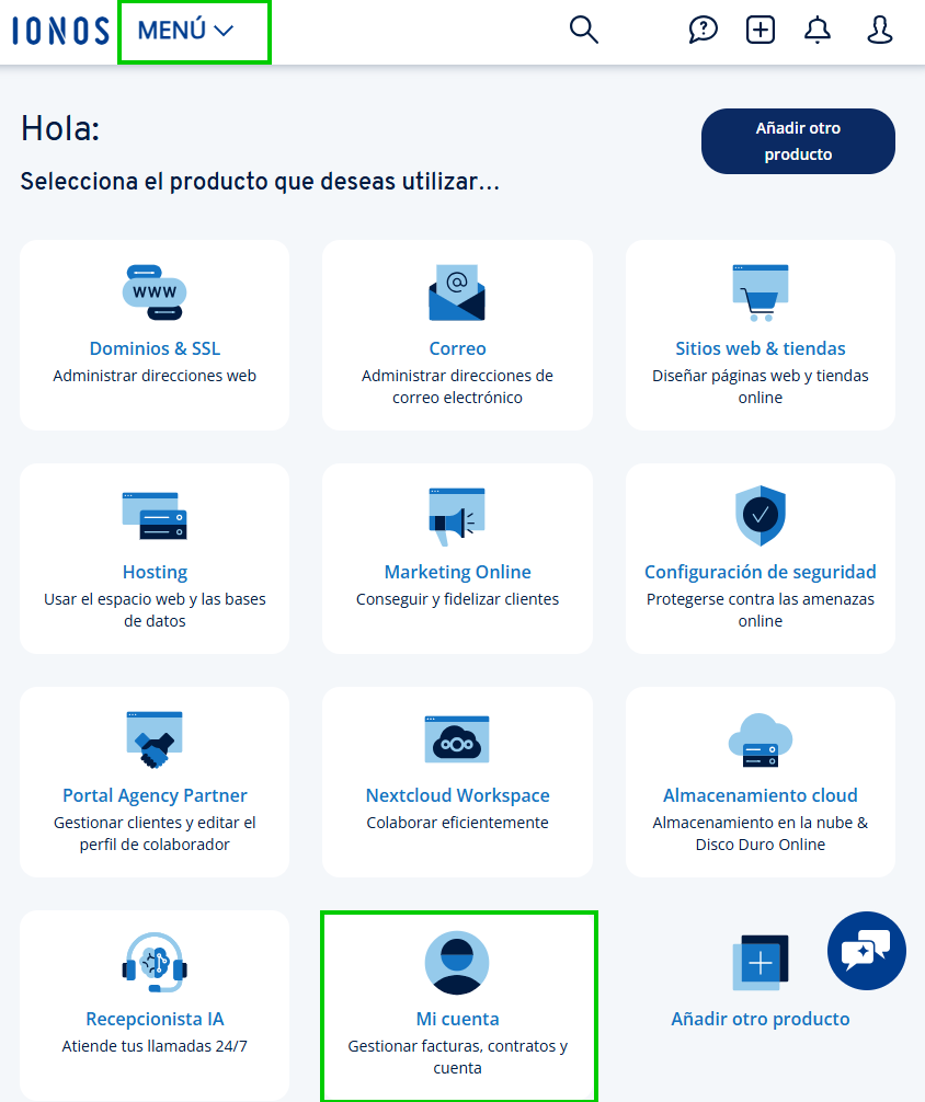 Captura de pantalla: desde la cuenta IONOS, aparecen resaltados el menú principal y la opción de « Mi cuenta