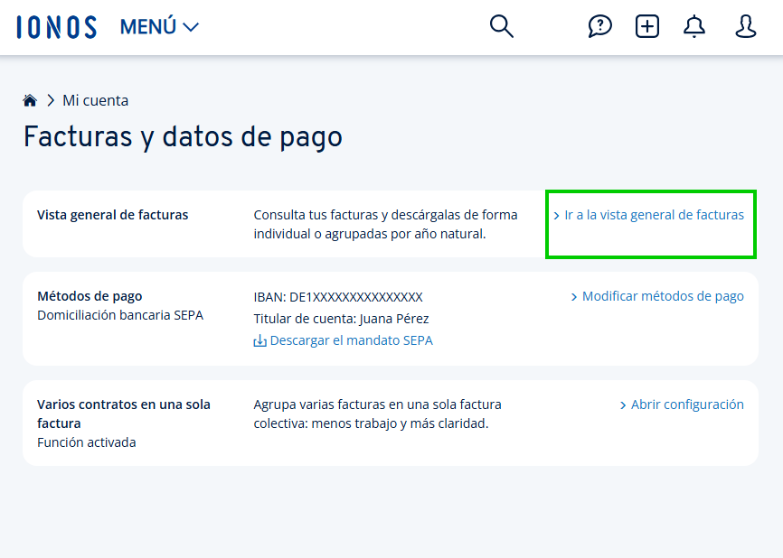 Captura de pantalla: en sección de «Facturas y datos de pago» de la cuenta IONOS, aparece resaltado el enlace «Ir a la vista general de facturas»