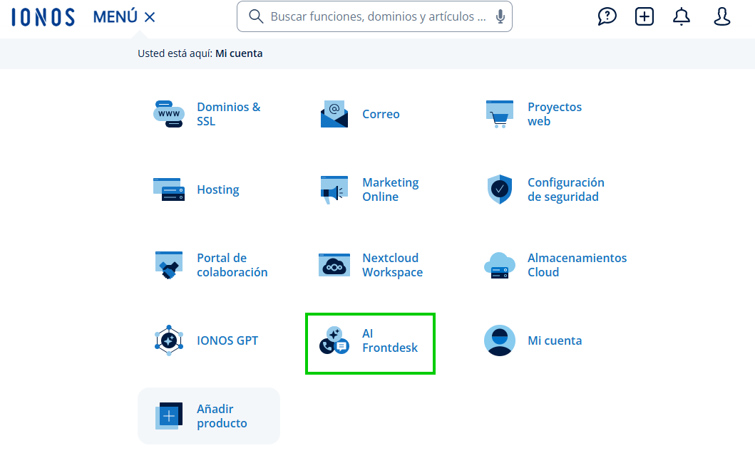 Figura: mosaico para acceder a tu Recepcionista IA desde la cuenta IONOS