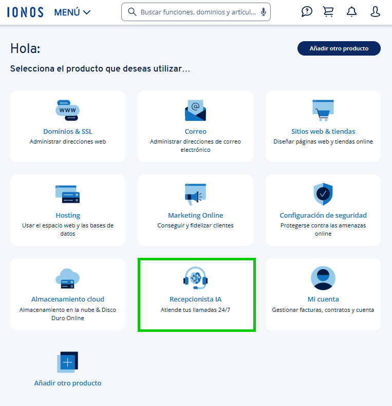 Captura de pantalla: el mosaico para acceder a tu Recepcionista IA desde la cuenta IONOS aparece resaltado en verde